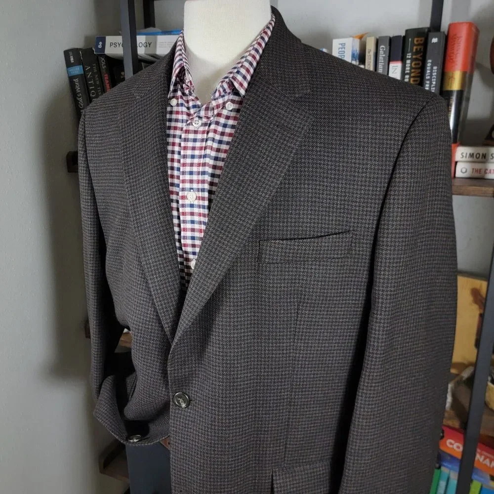 Chaps Men's Tweed Sport Coat Blazer Two Button Twill Houndstooth Brown Wool 46R‎